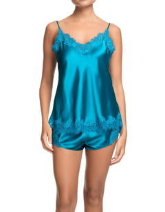 Front view of Scarlett Silk Cami in Jewel Blue, featuring delicate eyelash lace trim at the neckline and hem, made from 100% silk.