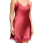Front view of Scarlett Silk Chemise in Desert Rose, featuring luxurious pure silk and detailed eyelash lace at the neckline and hem.