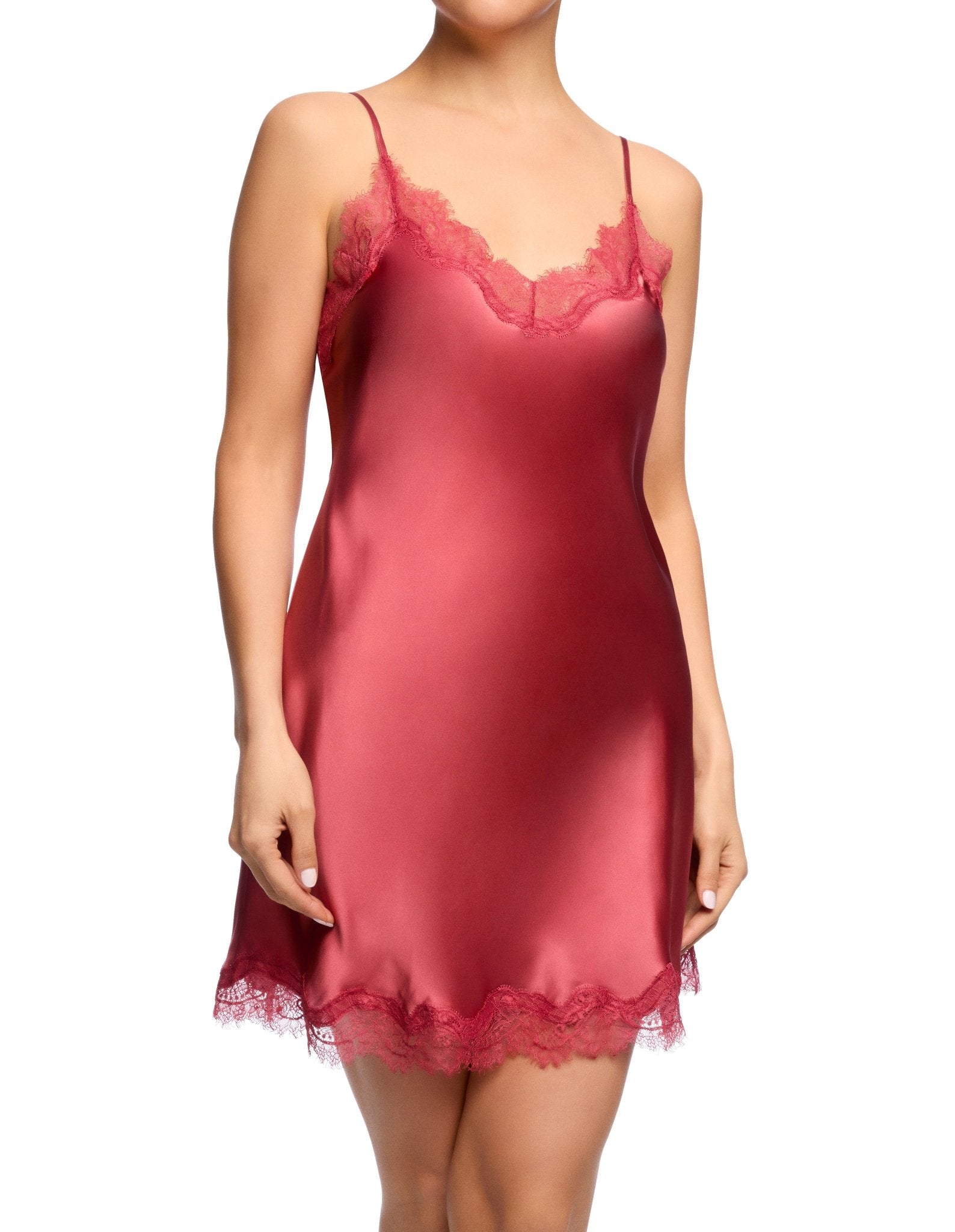 Front view of Scarlett Silk Chemise in Desert Rose, featuring luxurious pure silk and detailed eyelash lace at the neckline and hem.