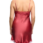 Back view of Scarlett Silk Chemise in Desert Rose, showcasing elegant silk fabric and intricate lace trim around the back.