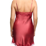 Back view of Scarlett Silk Chemise in Desert Rose, showcasing elegant silk fabric and intricate lace trim around the back.