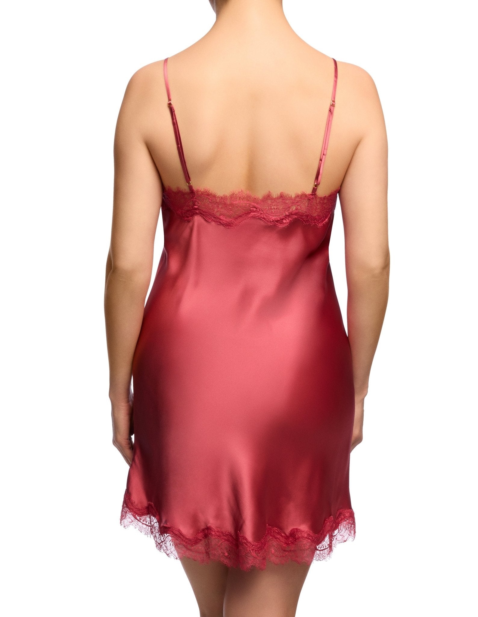 Back view of Scarlett Silk Chemise in Desert Rose, showcasing elegant silk fabric and intricate lace trim around the back.