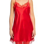 Scarlett Silk Chemise in vibrant red with fine eyelash lace at the neckline and hem, shown on a model for luxurious sleepwear or lingerie styling.