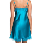 Back view of Scarlett Silk Chemise in Jewel Blue, highlighting delicate lace detailing and elegant silk drape.