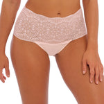 Soft blush pink lace full brief featuring a high-rise waist and full rear coverage. Smooth, stretchy, and seamless for everyday invisible wear.