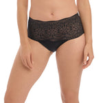 A high-waisted, full-coverage black brief made from delicate floral stretch lace. The seamless edges create a smooth, invisible finish under clothing.