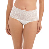 Elegant ivory lace brief with a full-coverage, high-rise design. Lightweight and seamless, ideal under white or pale garments for invisible comfort.