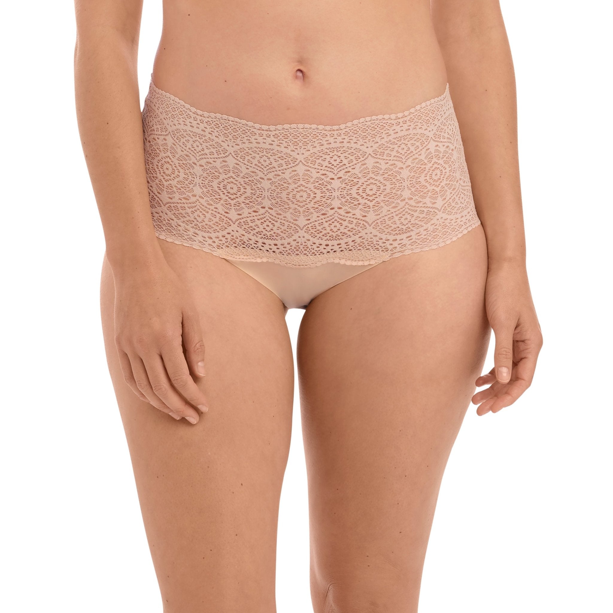 Light beige lace full brief with a high-rise waist and seamless edges. Designed to disappear under light-coloured clothing for an invisible, second-skin fit.
