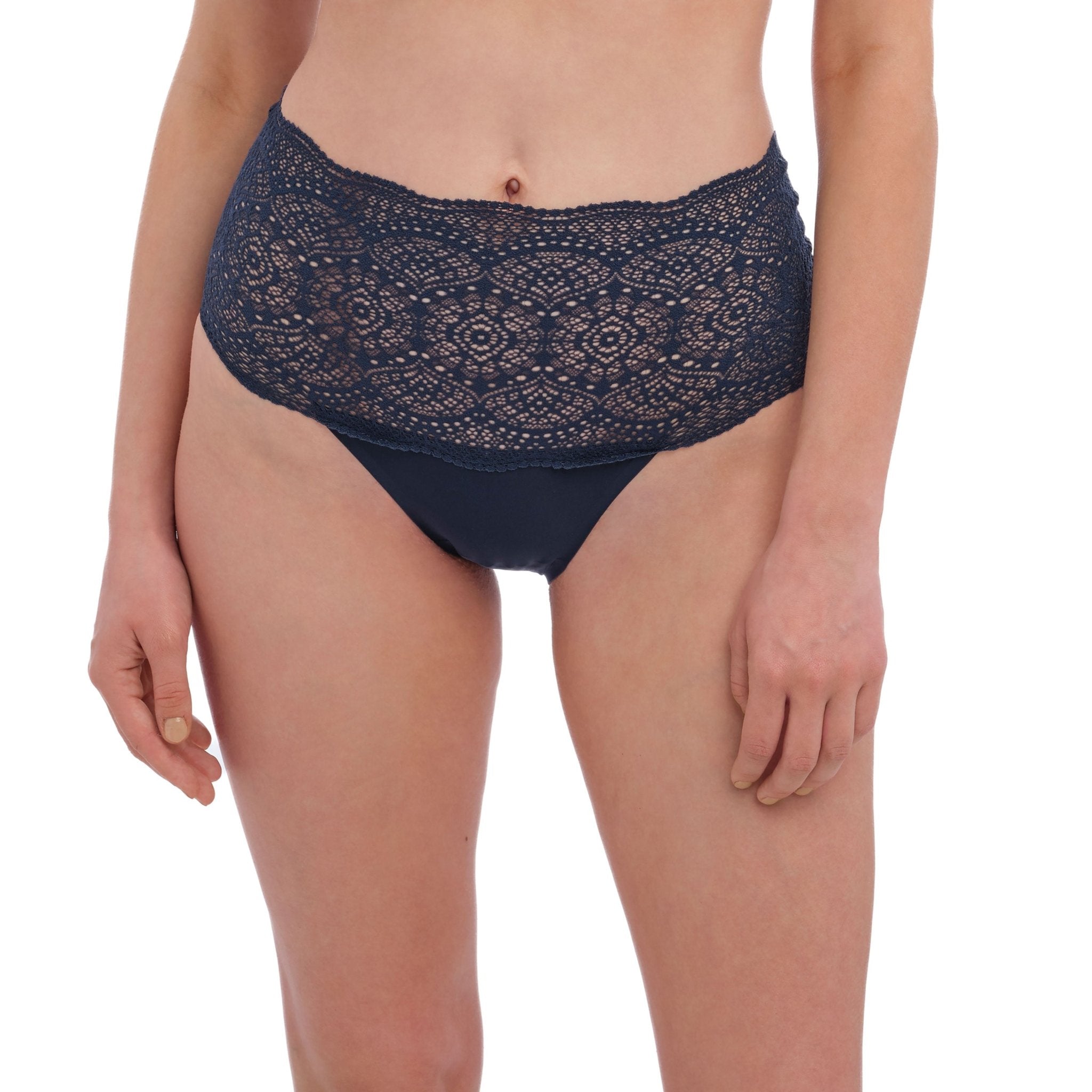Deep navy full brief in soft stretch lace with a flattering high-waisted shape. Features bonded seams for a smooth silhouette with no visible lines.