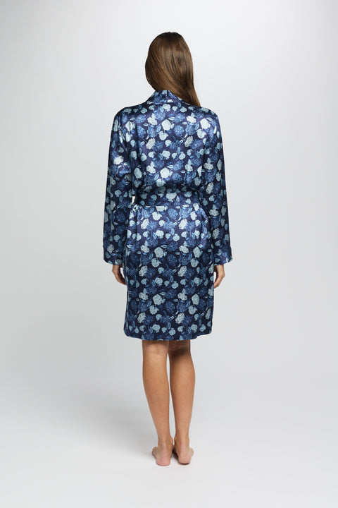 Silk Hydrangea Print Robe Azure Navy