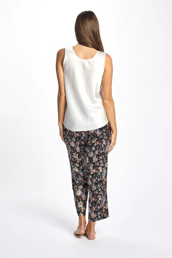 Back view of ivory silk cami top showing the relaxed fit and smooth drape of pure silk.
