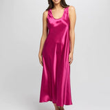 Front view of Full-length cerise silk nightie with flattering scoop neckline and wide shoulder straps.