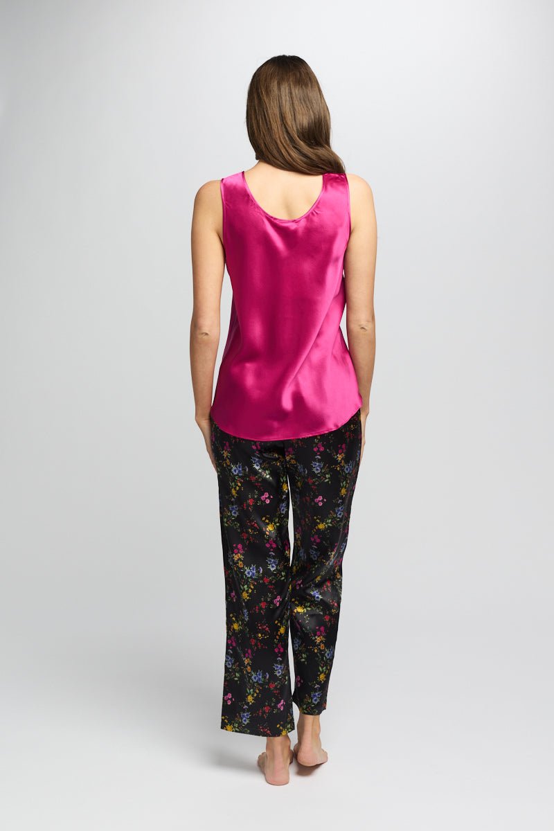 Back view of cerise silk cami top showing smooth fit and elegant drape.