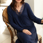 Front view of the Nora Rose Louisa Long Sleeve Nightdress, displaying V-neckline with lace detail and stylish, folded hem.