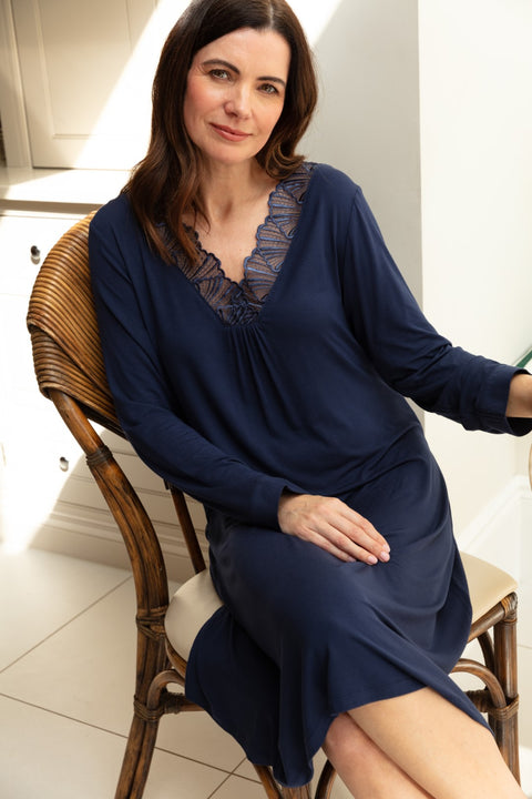 Front view of the Nora Rose Louisa Long Sleeve Nightdress, displaying V-neckline with lace detail and stylish, folded hem.