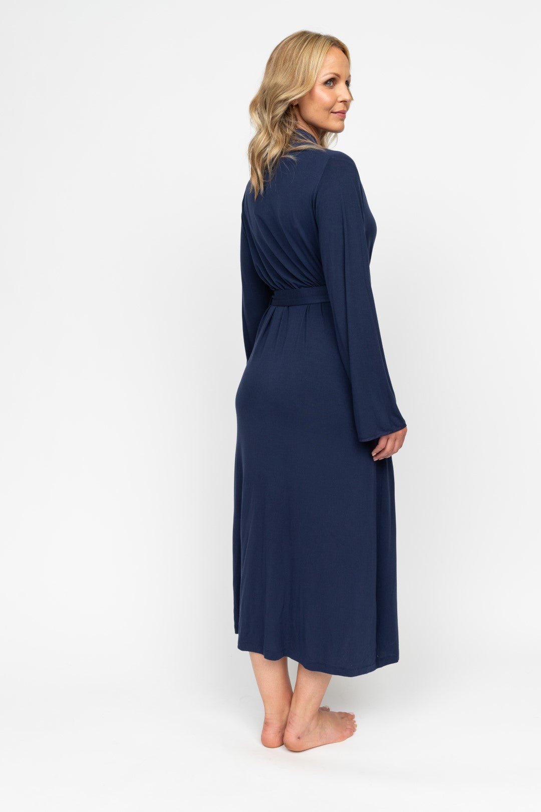 Back view of the Nora Rose Louisa Dressing Gown, highlighting relaxed drape and long sleeve design.