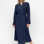 Front view of the Nora Rose Louisa Lace-Insert Long Dressing Gown showing wrap-front kimono silhouette, self-fabric belt, and side pockets.