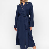 Front view of the Nora Rose Louisa Lace-Insert Long Dressing Gown showing wrap-front kimono silhouette, self-fabric belt, and side pockets.