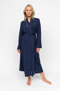 Front view of the Nora Rose Louisa Lace-Insert Long Dressing Gown showing wrap-front kimono silhouette, self-fabric belt, and side pockets.