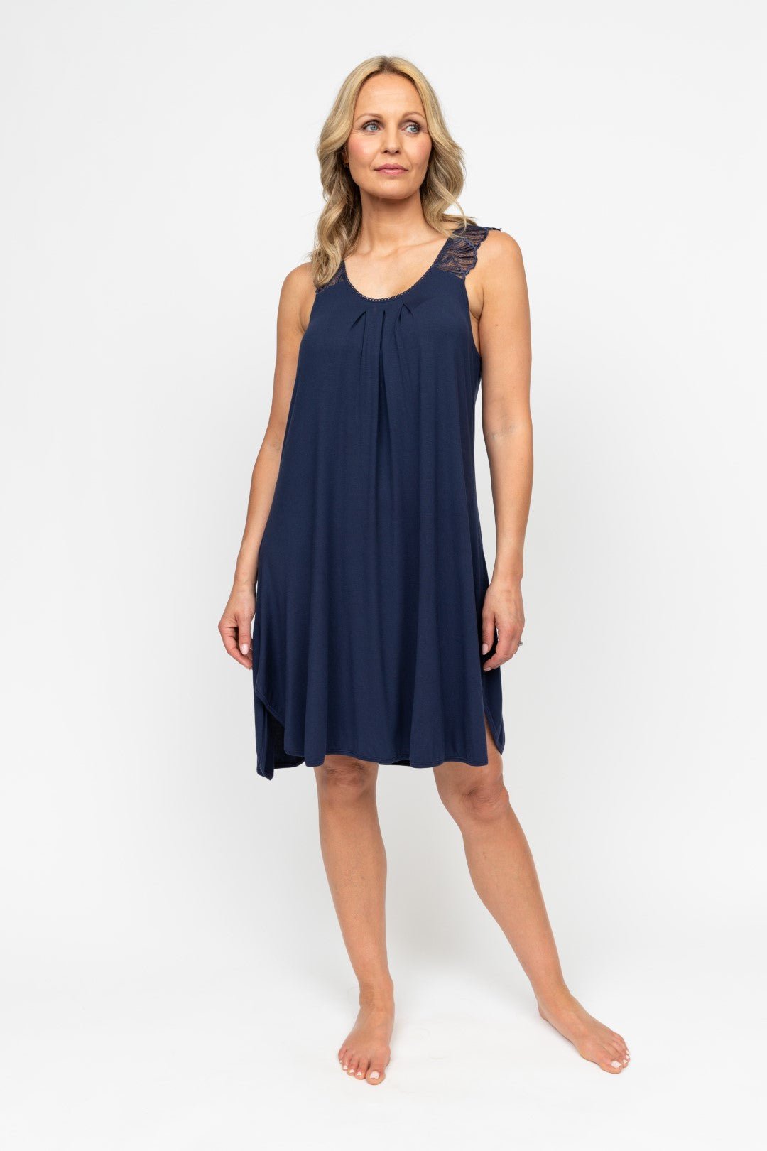 Front view of the Nora Rose Louisa Swing Nightdress, showcasing wide straps, picot lace neckline, and shell lace shoulder accents.