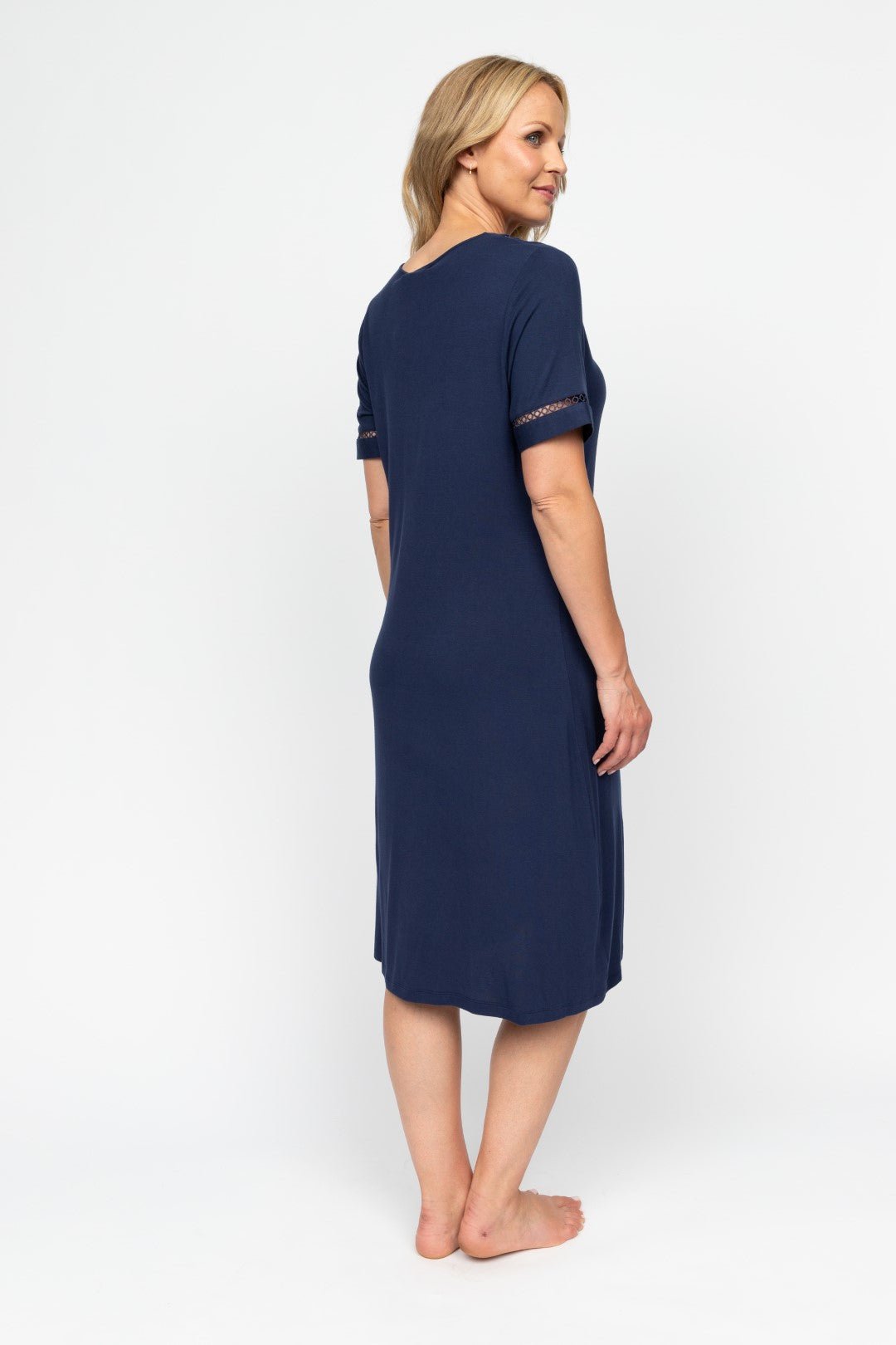 Nora Rose Louisa Short Nightdress back view, highlighting rounded back neckline and softly flowing fit.