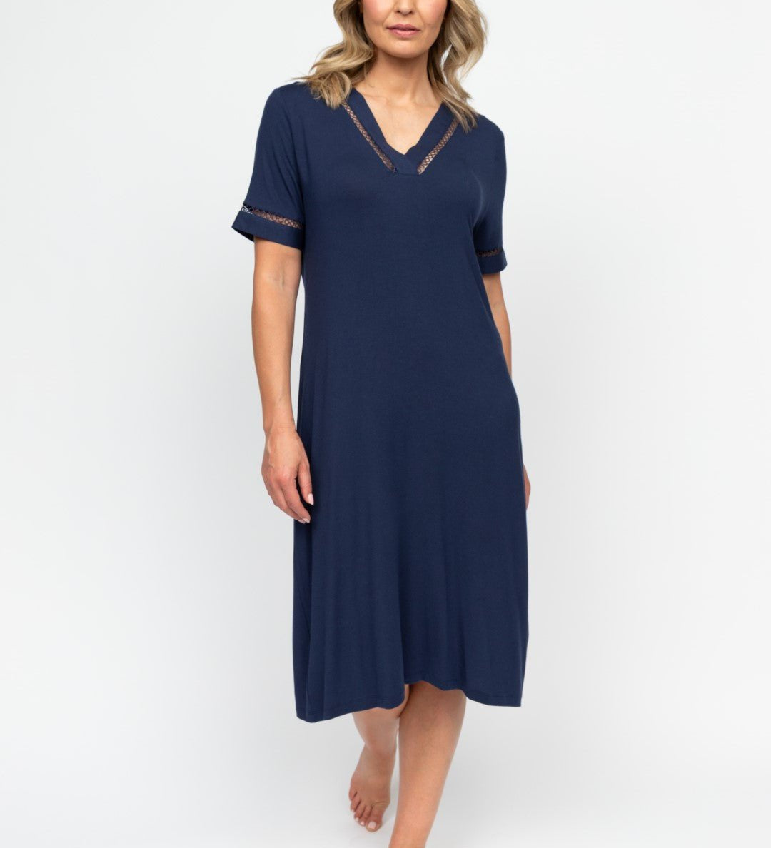 Nora Rose Louisa Lace-Detail Jersey Short Nightdress front view, showing V-neckline with lace inserts and relaxed silhouette.
