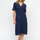 Nora Rose Louisa Lace-Detail Jersey Short Nightdress front view, showing V-neckline with lace inserts and relaxed silhouette.