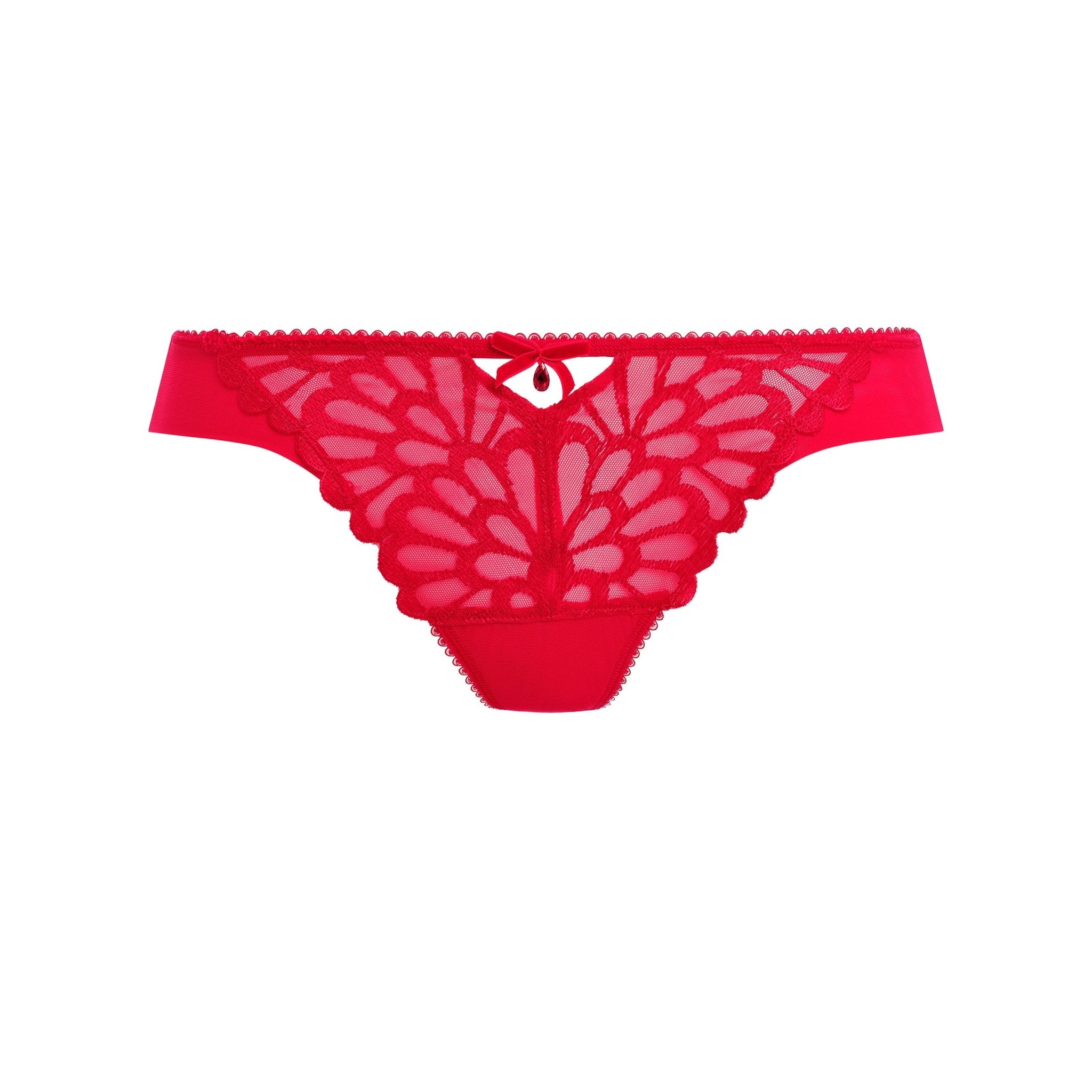 Flat lay of Loveland Brazilian Brief Bombshell Chilli Red by Freya laid flat, featuring art deco mesh and gemstone detail.