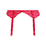 Flat lay of Loveland Suspender Belt Bombshell Chilli Red by Freya laid flat, highlighting decorative lace and love heart embroidery.