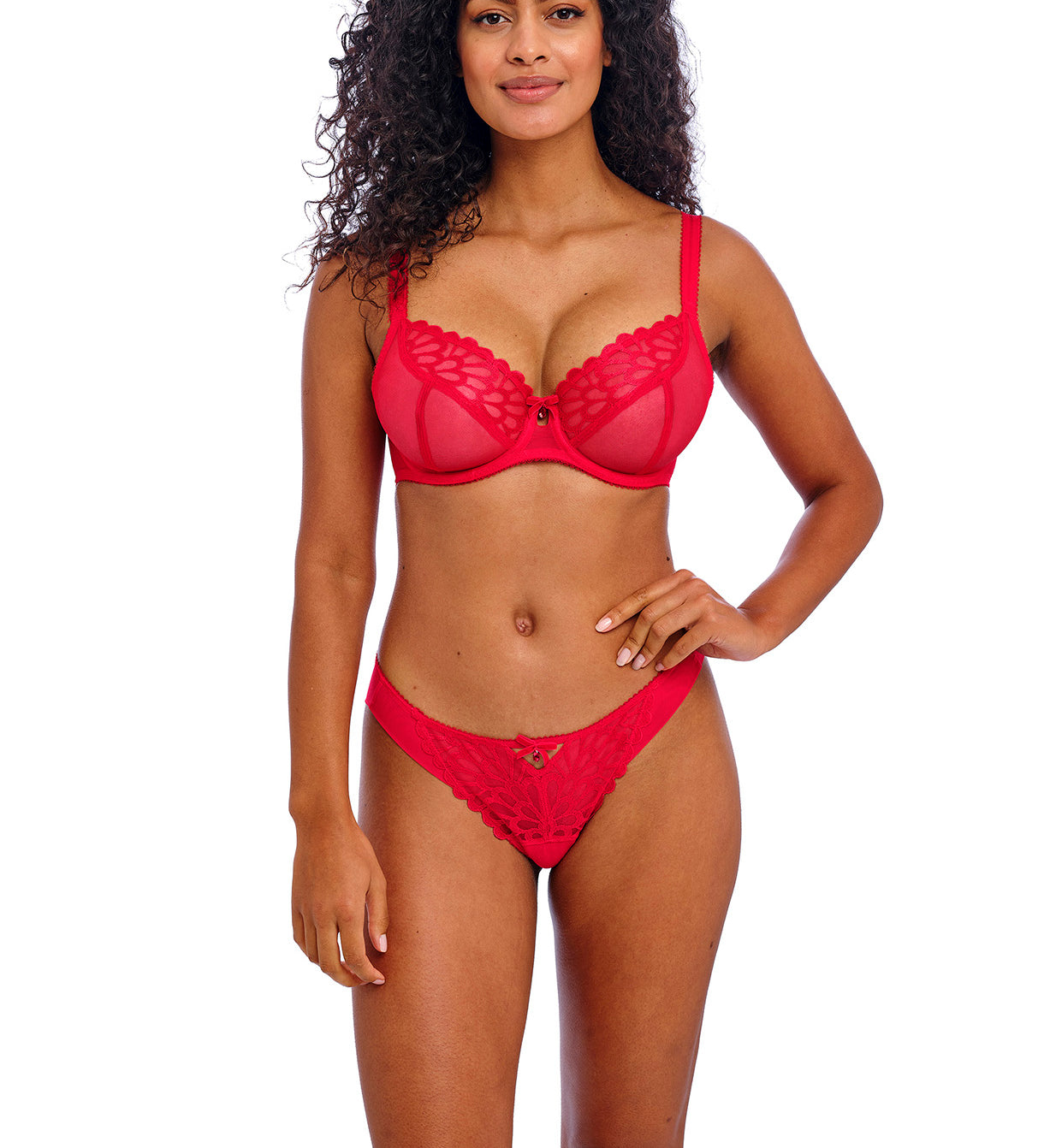 sexy red bra. Freya Loveland Plunge bra in Chilli Red. Red Lace Bra. Larger cup red bra.