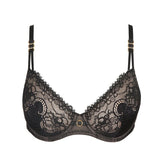 Marie Jo Junoo Wire Bra Black from The Foundation displayed flat, showing sheer Italian lace and stylish snakeskin print details