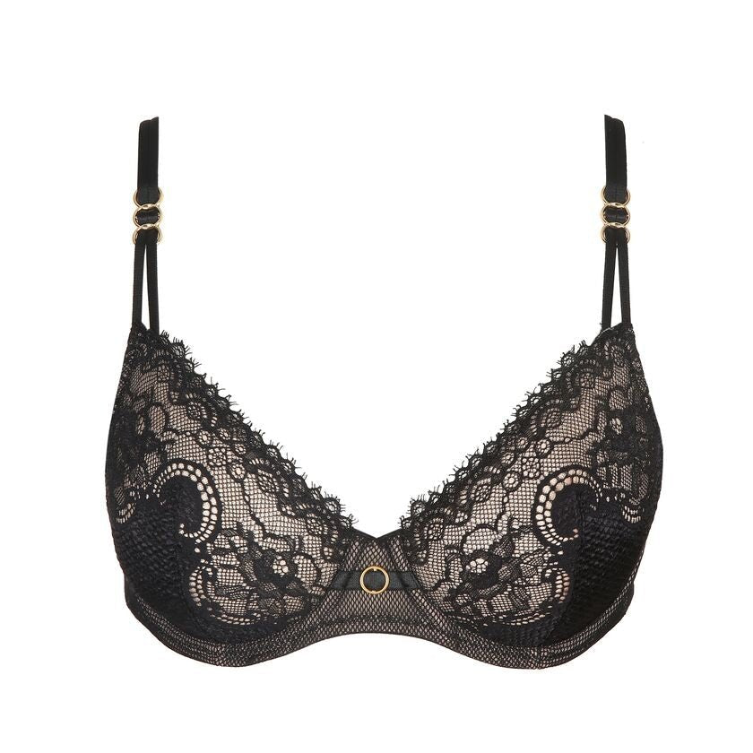 Marie Jo Junoo Wire Bra Black from The Foundation displayed flat, showing sheer Italian lace and stylish snakeskin print details