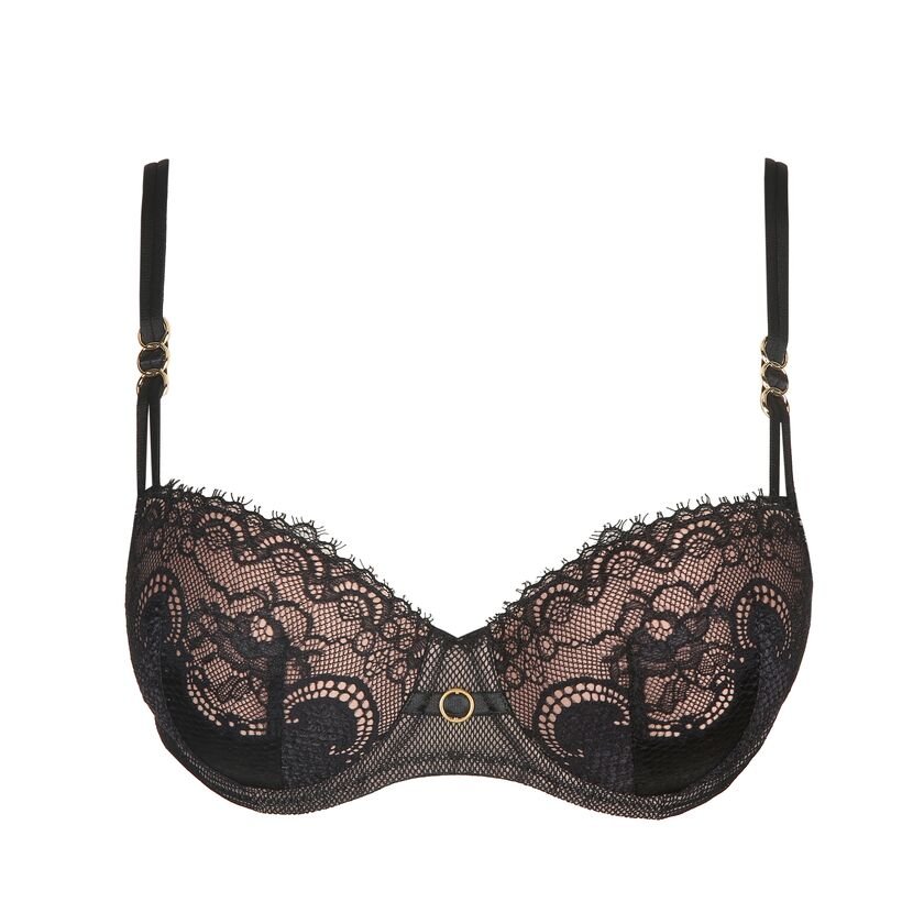 Junoo Padded Balcony Bra Black from The Foundation, displayed flat to highlight delicate lace, straight neckline and sheer mesh details