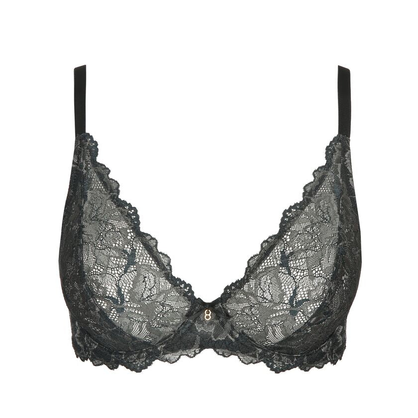 Flat lay of Marie Jo's Manyla Plunge Bra in Night Grey – premium lace lingerie.