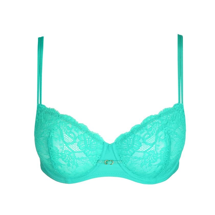 Flat lay of vivid green Melipha Balcony Bra with underwire support, showcasing vertical seams and floral lace.
