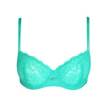 Flat lay of vivid green Melipha Balcony Bra with underwire support, showcasing vertical seams and floral lace.