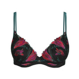 Marie Jo Yoly Heart Shaped T-Shirt Bra in Jewel Green with fuchsia lace, lightly padded with embroidered cups and bold contrast trims.