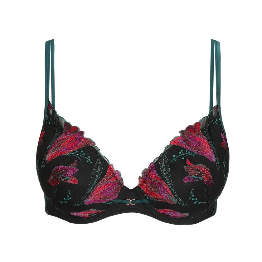 Marie Jo Yoly Heart Shaped T-Shirt Bra in Jewel Green with fuchsia lace, lightly padded with embroidered cups and bold contrast trims.