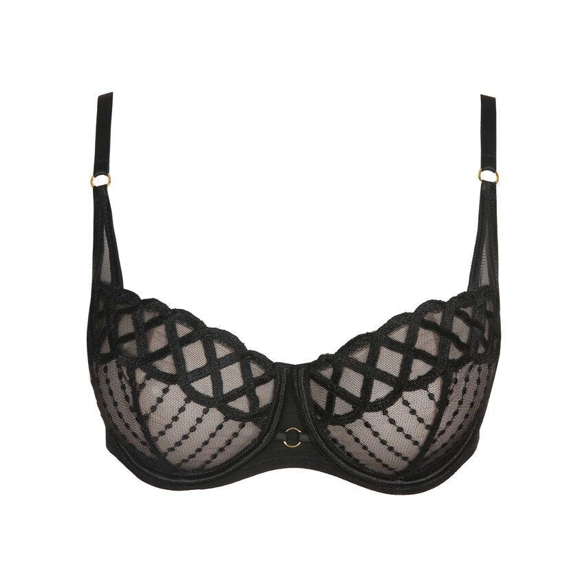 Jhana Balcony Bra Black from The Foundation displayed flat, showcasing intricate lace and classic balcony silhouette
