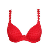 Flat lay of Marie Jo Avero Padded Heart Shape Bra Scarlet laid flat classic red T-shirt bra with heart-shaped cups and daisy details.