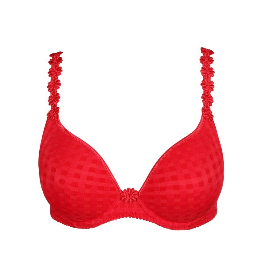 Flat lay of Marie Jo Avero Padded Heart Shape Bra Scarlet laid flat classic red T-shirt bra with heart-shaped cups and daisy details.