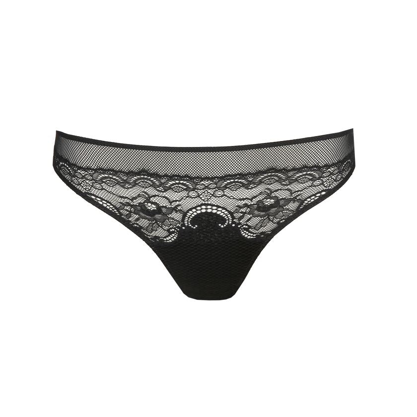 Junoo Rio Brief Black from The Foundation displayed flat, showcasing the intricate lace, mesh detailing and contemporary style