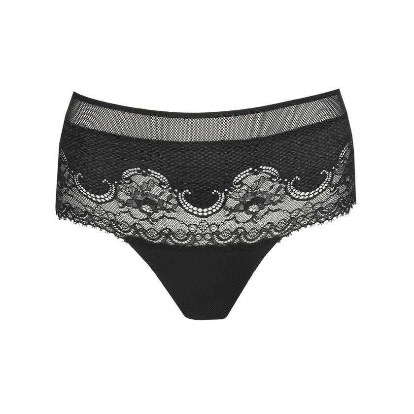 Junoo Hotpants Brief Black front view, Italian lace and mesh detail, lingerie from The Foundation