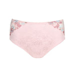 Mohala Full Briefs pastel pink flat lay from The Foundation, showcasing elegant lace texture and embroidered front panel