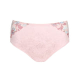 Mohala Full Briefs pastel pink flat lay from The Foundation, showcasing elegant lace texture and embroidered front panel