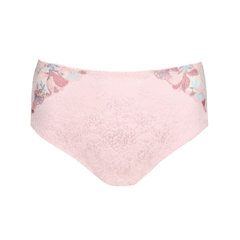 Mohala Full Briefs pastel pink flat lay from The Foundation, showcasing elegant lace texture and embroidered front panel