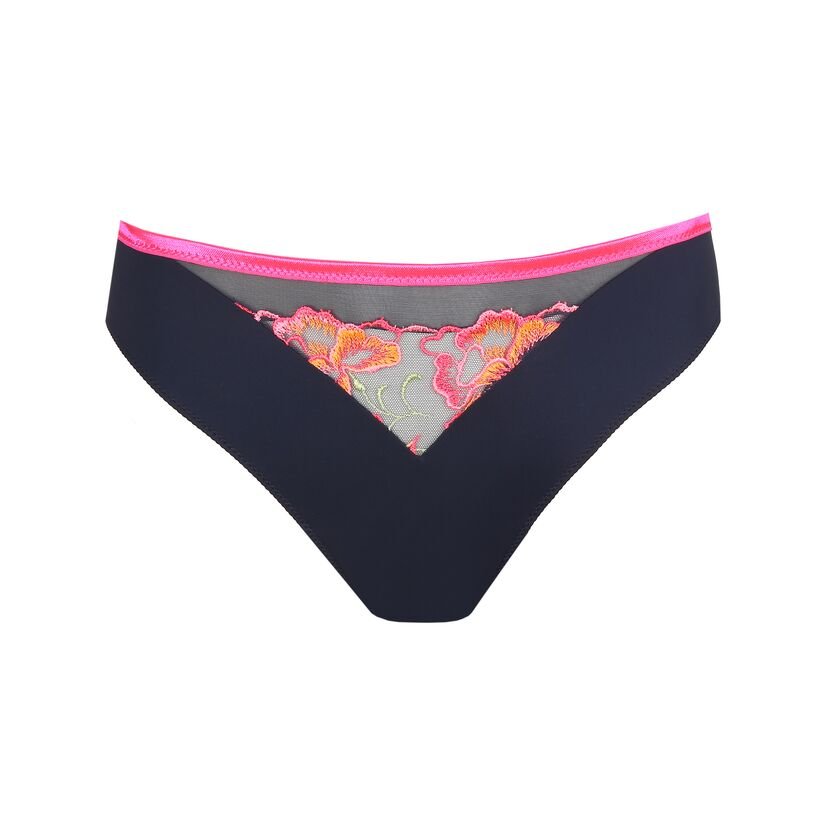 Devdaha Rio Brief Velvet Blue from The Foundation displayed flat, showing colourful embroidery and sheer tulle detailing