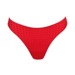 Flat lay of Marie Jo Avero Thong Brief Scarlet laid flat classic red G-string style with subtle check design.