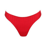 Flat lay of Marie Jo Avero Thong Brief Scarlet laid flat classic red G-string style with subtle check design.