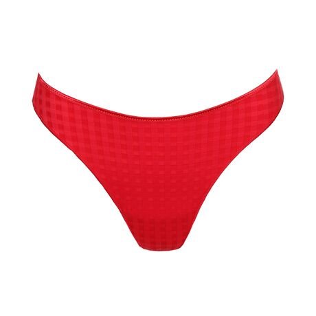 Flat lay of Marie Jo Avero Thong Brief Scarlet laid flat classic red G-string style with subtle check design.